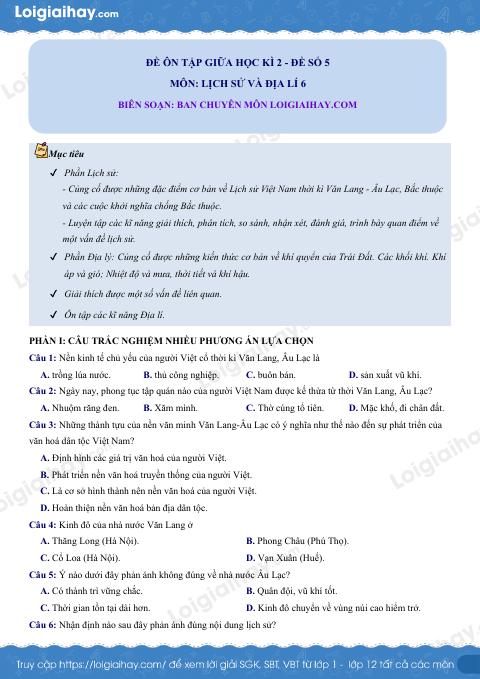 Đề kiểm giữa học kì 2 Lịch sử và Địa lí 6 - Đề số 5